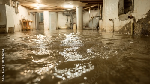 Wallpaper Mural Flooded basement with standing water around support column and damaged wall, illustrating basement waterproofing flood mitigation need. Torontodigital.ca