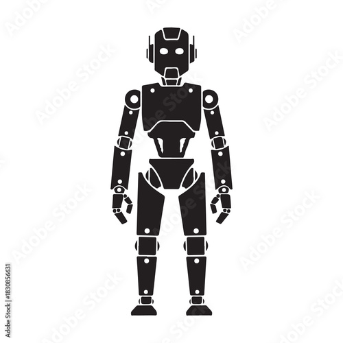 A striking black silhouette of a humanoid robot with glowing eyes stands ready for action against a white background