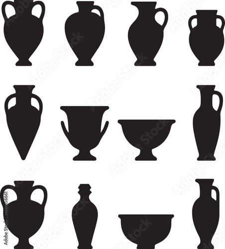 different vase shape icons, ancient pottery form, decorative container outline series, cad drawing flat silhouette vector illustration
