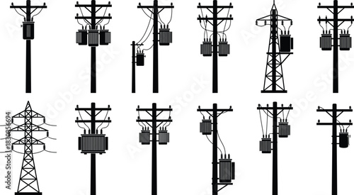 Diverse Collection of Utility Poles and Power Towers with Electrical Transformers, Black Silhouette Vector Set, Energy Distribution Components, Cad Drawing Flat Illustration