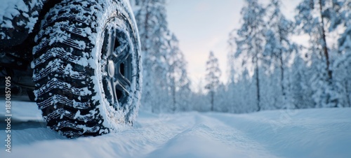 The Tire of a 4x4 Vehicle Traversing a Snow-Covered Forest Road at Sunrise