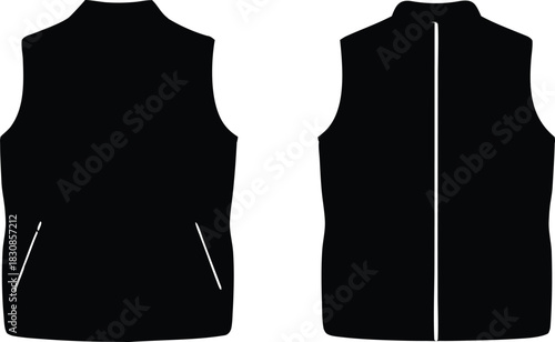 sleeveless padded puffer vest front and back view, winter outerwear fashion silhouette vector illustration