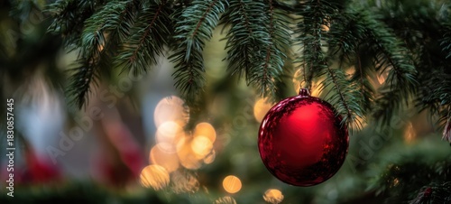 The Red Ornament Hanging on Frosted Pine Branches with Warm Bokeh Christmas Lights