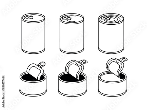 A set of three sealed and three opened tin cans depicted in a line drawing, showcasing food preservation.