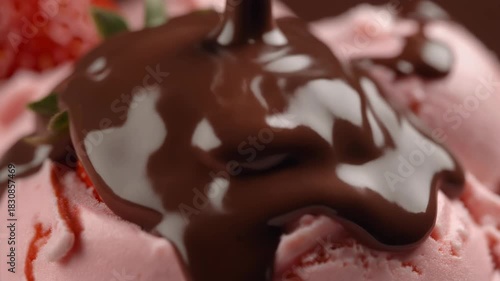 a strawberry being poured onto ice cream, 4k. A hyperreal close-up
