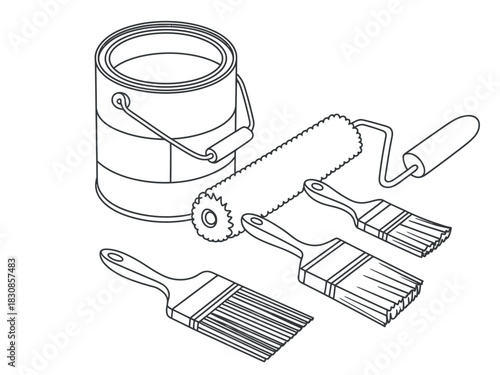 A can of paint and several brushes and a paint roller are laid out for home improvement projects.