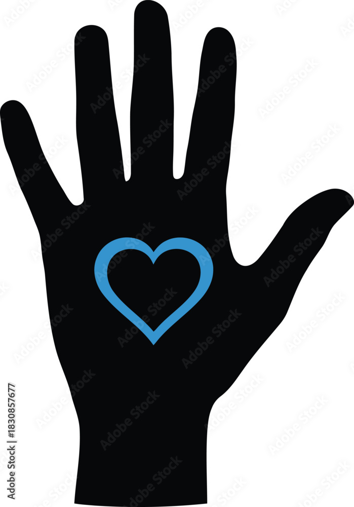 Obraz premium Black silhouette of a hand with a blue heart outline
