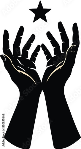 Black hands reaching up towards a black star white