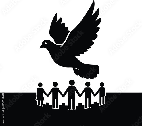 Black silhouette of a dove flying above people holding hands