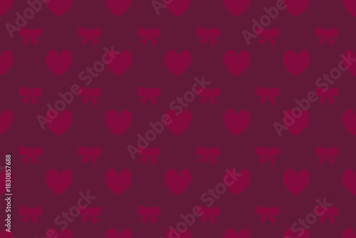 Bold, seamless vector pattern featuring repeating hearts and ribbon bows on a deep burgundy background, perfect for striking romantic digital paper and elegant fabric prints.