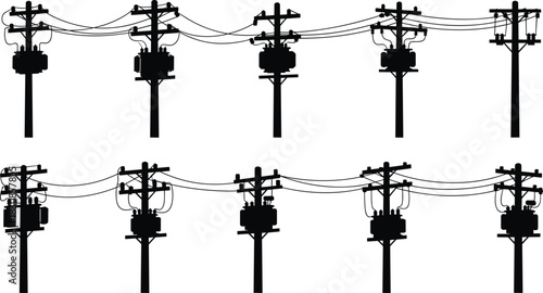 Extensive Collection of Electrical Utility Pole Silhouettes with Transformers, Power Line Distribution System Variety, Energy Grid, Cad Drawing Flat Vector