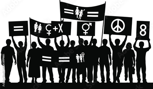 Diverse group of people holding signs with equality and peace symbols