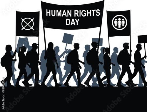 Silhouettes of people marching with banners for Human Rights Day