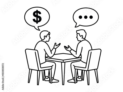 Two individuals seated at a table, discussing financial matters with a dollar sign and dialogue bubbles.