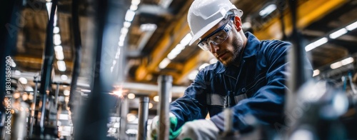 The industrial worker inspecting metal pipes in a modern factory workshop