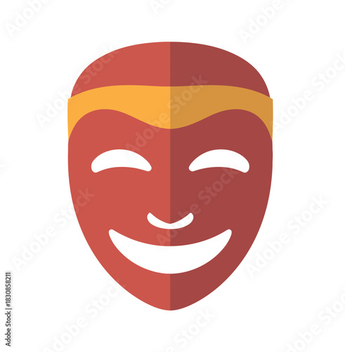 A stylized theatrical mask with a wide smile and closed eyes is depicted against a white background.