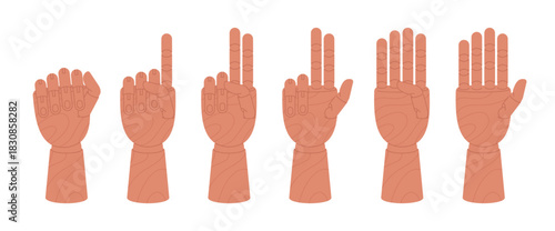 Count from zero to five with wooden hand mannequin. Wood hands showing numbers, different poses for painters. Counting teaching vector elements