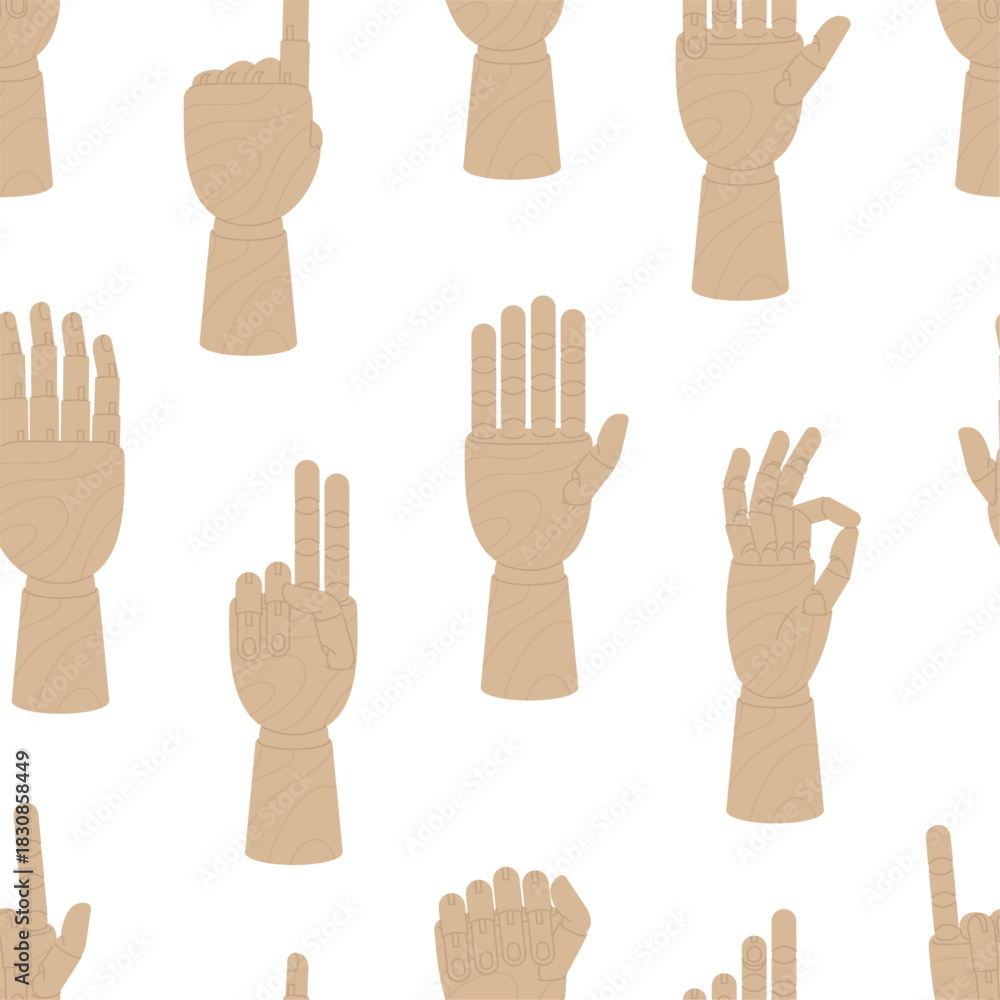 Fototapeta premium Wooden hand mannequins. Arm seamless pattern, wood hands showing different signs and numbers. Art template for painters, vector background