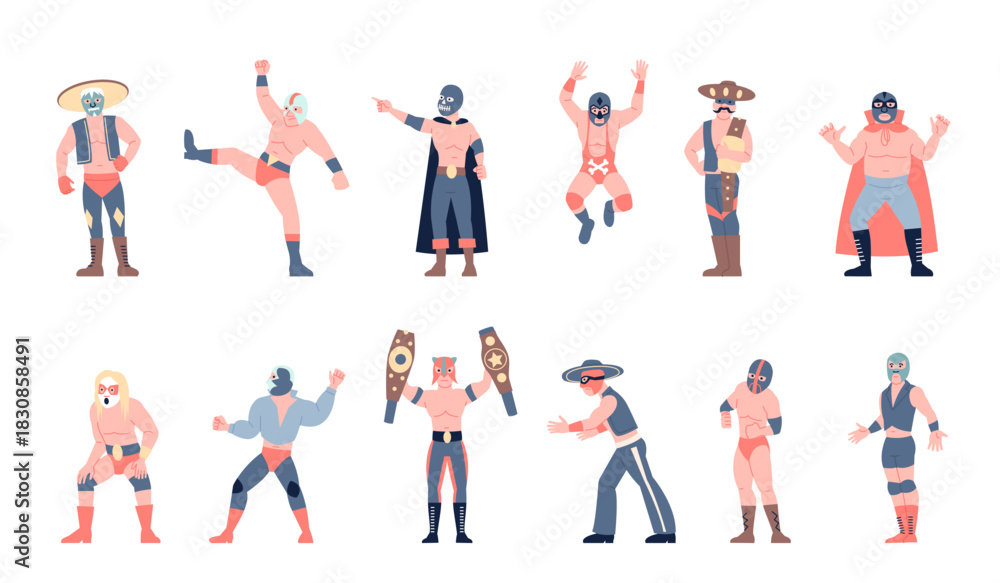 Fototapeta premium Mexican wrestling fighters. Fight show wrestlers wear bright horror maskr and costumes. Fighters lucha libre in various sport poses, wrestling recent vector characters