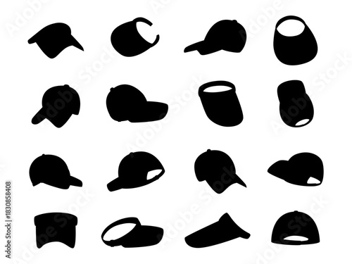 Sporty caps and visors black silhouettes. Head accessories for activities, training or workout. Cap for cashier, athlete, manager, vector icons