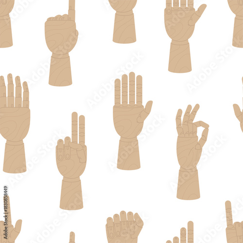 Wooden hand mannequins. Arm seamless pattern, wood hands showing different signs and numbers. Art template for painters, vector background