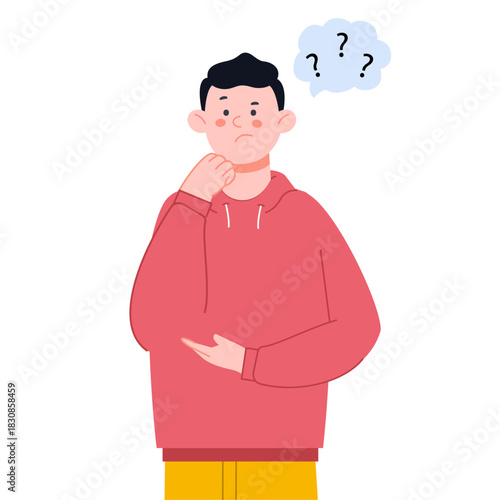 Young man has trouble. Guy thinking about question, find problem solve. Thoughtful, puzzled adult character, student on exam, vector flat person