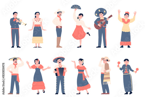 Mexican musicians. Dancers from mexico in traditional suits and dresses. Male female characters in national clothes, sombrero, recent vector clipart