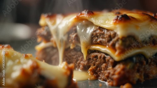 Moussaka, a macro cinematic CGI shot of Moussaka being sliced, ultra photorealistically. 4k