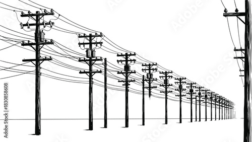 Infinite Row of Electrical Utility Poles with Transformers Receding into Horizon, Power Lines Perspective View, Energy Distribution Grid, Cad Drawing Flat Vector