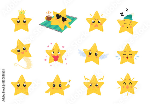 Adorable stars. Funny star emotions, various expressions. Cute mascots different poses. Characters on beach, in love, crying and angry, classy vector clipart