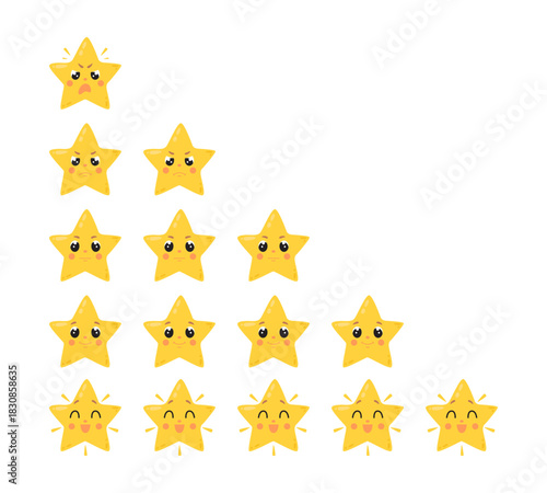 Rating symbols. Cartoon funny stars different emotions, from sad to happy. Smiling and angry, indignant character. Positive negative scales, classy vector design