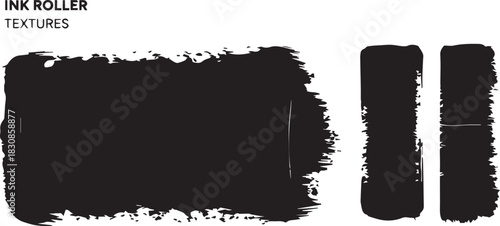 Black Ink Roller Textures Set. Grunge Abstract Paint Brush Strokes Isolated Vector Graphic