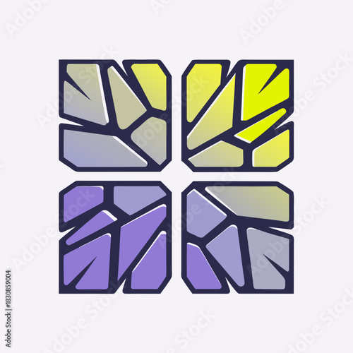 Four abstract geometric shapes with shattered effect
