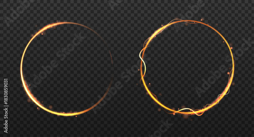 Round light flare with neon glow and shimmering sparkle effects. Golden circular frame with bright radiance, magic dust particles, and abstract energy waves.