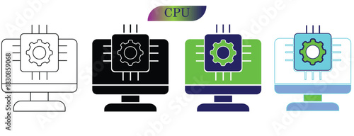 Computer CPU Chip Icon Set – AI Processor, Machine Learning, Tech Hardware, Software Development, Data Processing, System Optimization Vector Pack

