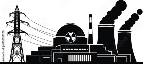 Nuclear Power Plant Silhouette Vector Illustration with Cooling Towers, Reactor Dome, and Transmission Pylon, Energy Generation, Cad Drawing Flat