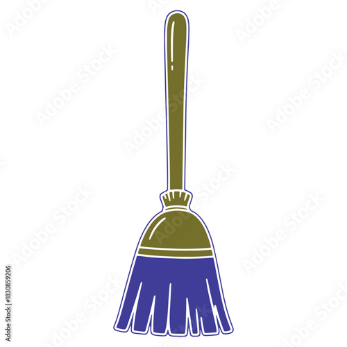 Cartoon broom with wooden handle and purple bristles for cleaning purposes in a flat style isolated on white background