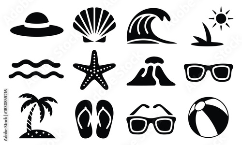 🏖️ Black and White Beach and Summer Icons Set