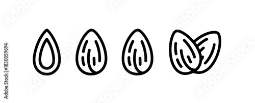 A line of stylized almond nut icons illustrates different stages and forms.