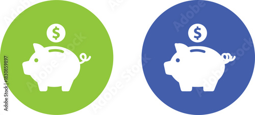 Piggy bank icon set, white money box with dollar coin, symbol of saving, investment, and finance, isolated on bright green and blue circular backgrounds.