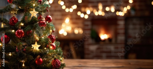 The Christmas tree in cozy living room with glowing fireplace and bokeh lights