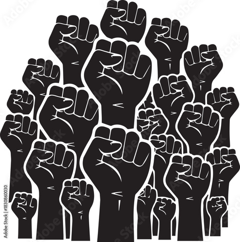 Many black fists raised in unity and protest
