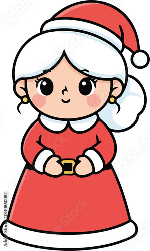 Cute cartoon mrs claus character wearing a red santa suit