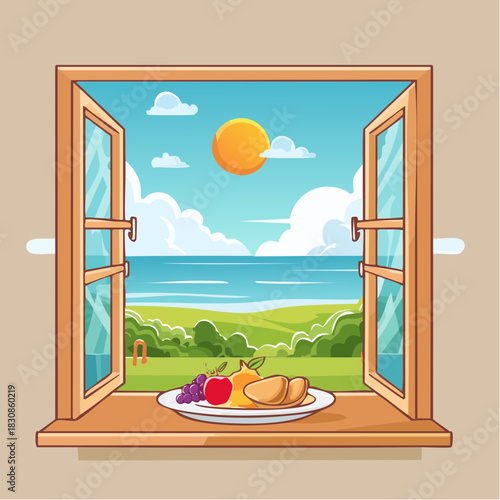 Open Window View Of A Sunny Coastal Landscape With A Plate Of Fruit And Pastries On The Sill