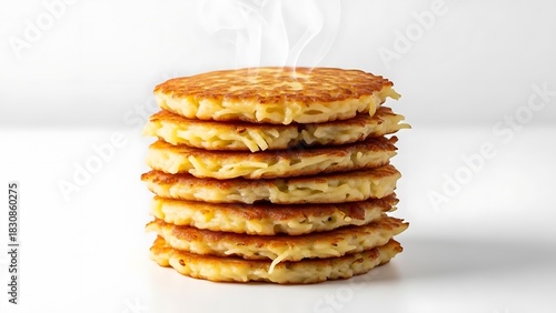 Wallpaper Mural Stack of golden brown potato pancakes with steam rising on a white background latkes hash browns Torontodigital.ca