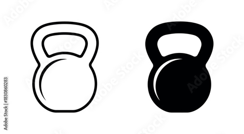 Two kettlebell illustrations one outlined and one solid black on white background