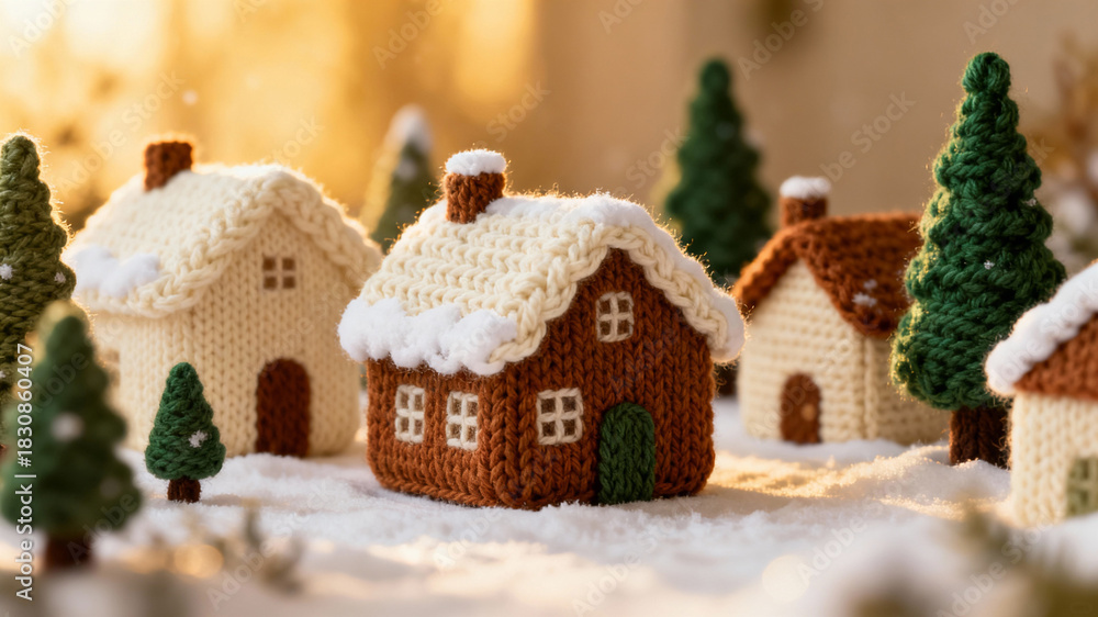 Fototapeta premium Cozy Knitted Winter Village with Snow and Golden Sunlight