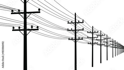 Receding Row of Electrical Utility Poles and Power Lines Vector Silhouette, Distant Perspective View, Energy Distribution Network, Cad Drawing Flat Illustration