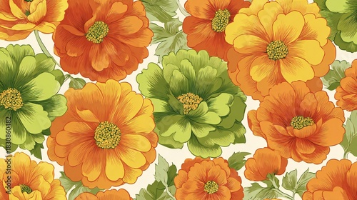 Retro Floral Pattern Design - Orange Green Flowers
