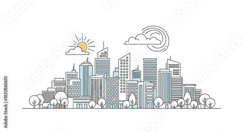 Modern cityscape illustration with various buildings, trees, and sky elements in a clean line art style.